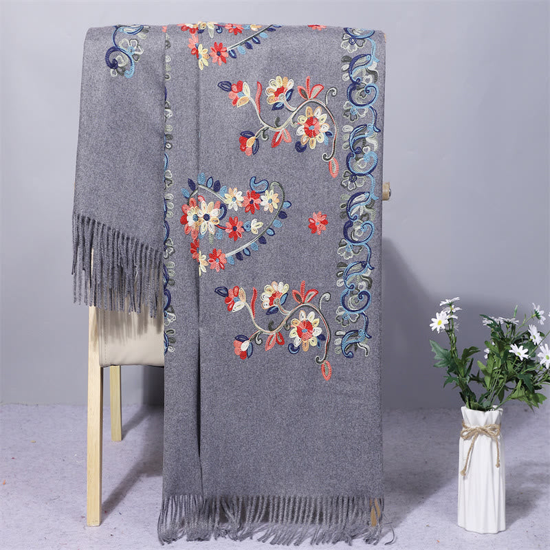 Buddhist Blessing Polyester Shawl Colorful Flower Ethnic Style Embroidery Tassel Winter Cozy Travel Scarf Wrap