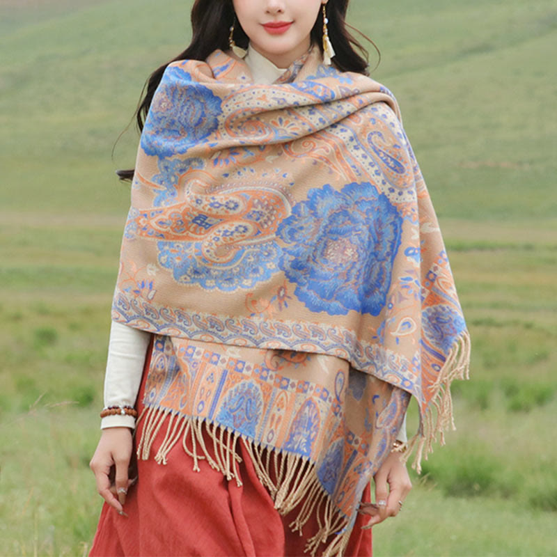 Buddhist Blessing Tibetan Cashew Peony Flowers Vine Tassels Shawl Fall Winter Cozy Scarf Wrap