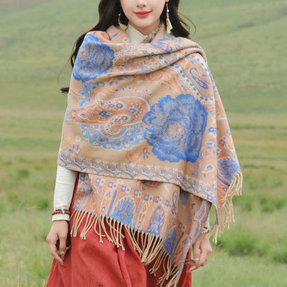 Buddhist Blessing Tibetan Cashew Peony Flowers Vine Tassels Shawl Fall Winter Cozy Scarf Wrap