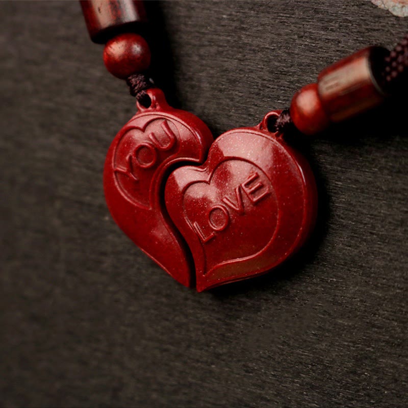 Buddhist Blessing 2Pcs LOVE YOU Natural Cinnabar Love Heart String Blessing Couple Necklace Pendant