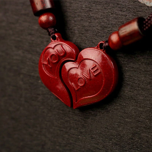 Buddhist Blessing 2Pcs LOVE YOU Natural Cinnabar Love Heart String Blessing Couple Necklace Pendant