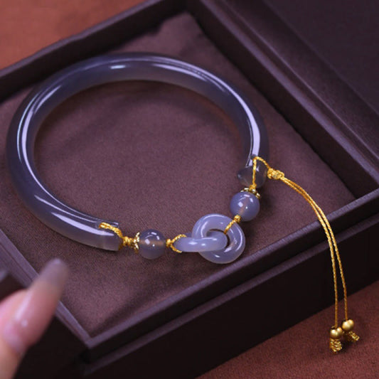 Buddhist Blessing Gray Agate Copper Hook Peace Cuff Half Bracelet Bangle