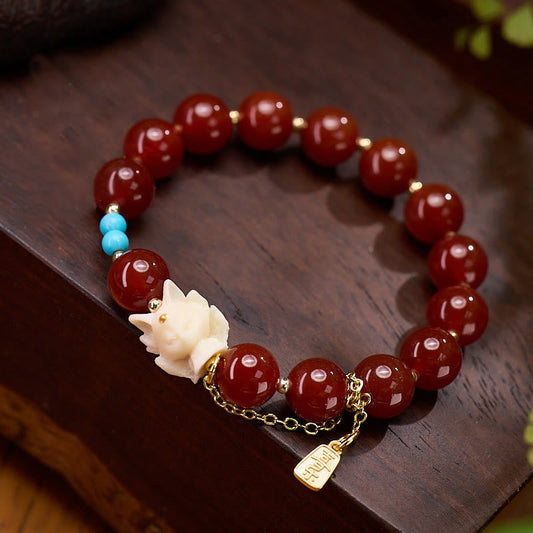 Buddhist Blessing Nine Tailed Fox Joy Red Agate Ivory Fruit Copper Plated Gold Confidence Bracelet