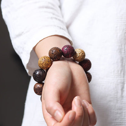 Buddhist Blessing Carving Sandalwood Chinese Zodiac Auspicious Dragon Phoenix Fu Character Healing Bracelet