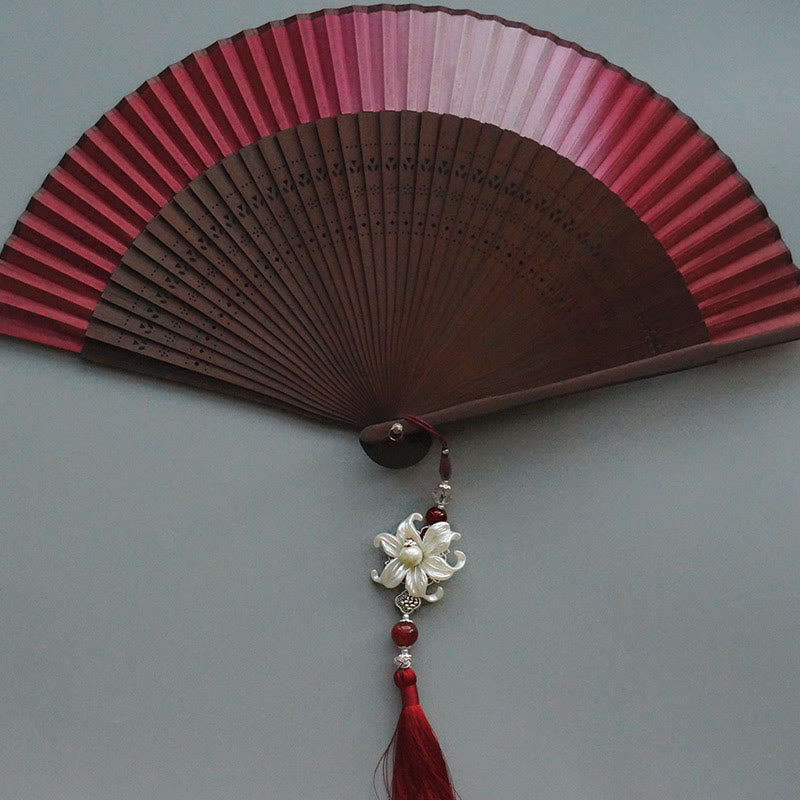 Buddhist Blessing Red Lily Tassel Hollow Rib Silk Handheld Bamboo Folding Fan