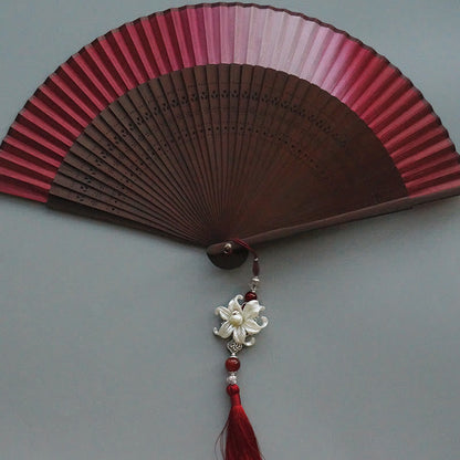 Buddhist Blessing Red Lily Tassel Hollow Rib Silk Handheld Bamboo Folding Fan