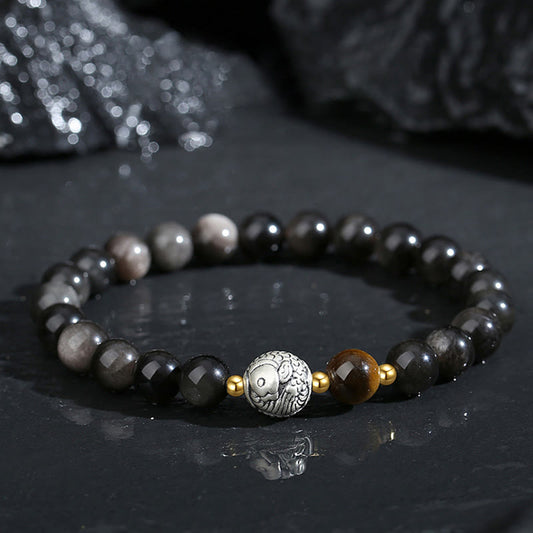 Buddhist Blessing Black Obsidian 999 Sterling Silver Tiger Eye 925 Sterling Silver Koi Fish Purification Bracelet
