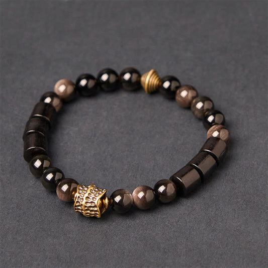 Buddhist Blessing Silver Sheen Obsidian Ebony Protection Bracelet