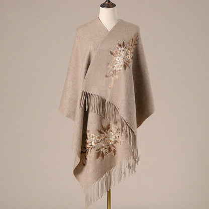 Buddhist Blessing Wool Shawl Begonia Embroidery Tassel Winter Cozy Travel Scarf Wrap