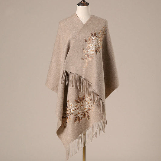 Buddhist Blessing Wool Shawl Begonia Embroidery Tassel Winter Cozy Travel Scarf Wrap