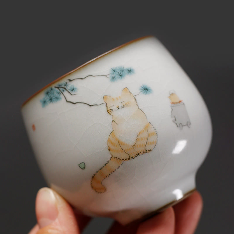Buddhist Blessing Cute Cat Branches Teacup Kung Fu Tea Cup With Gift Box