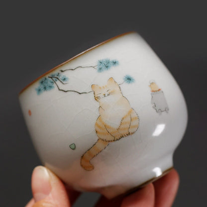 Buddhist Blessing Cute Cat Branches Teacup Kung Fu Tea Cup With Gift Box