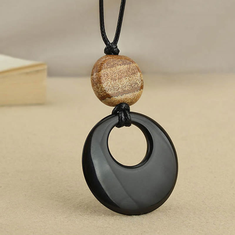 Buddhist Blessing Black Obsidian Liuli Picture Stone Copper Fulfilment Necklace Pendant