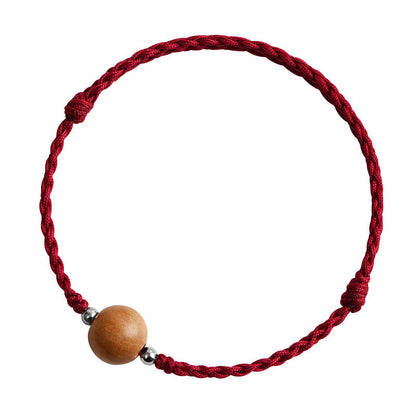 Buddhist Blessing Natural Peach Wood Bead Luck Braided Bracelet Anklet