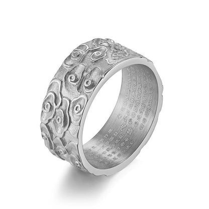 Buddhist Blessing Auspicious Clouds Engraved Heart Sutra Pattern Titanium Steel Calm Ring