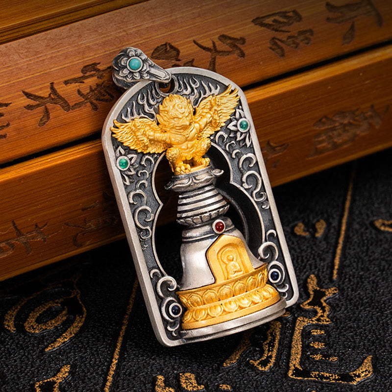 Buddhist Blessing 925 Sterling Silver Tibetan Garuda Bird Vajra Dorje Bell Protection Necklace Pendant
