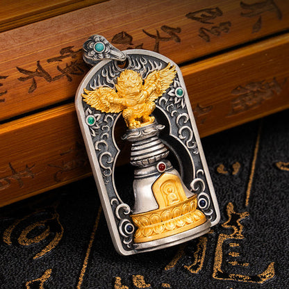 Buddhist Blessing 925 Sterling Silver Tibetan Garuda Bird Vajra Dorje Bell Protection Necklace Pendant