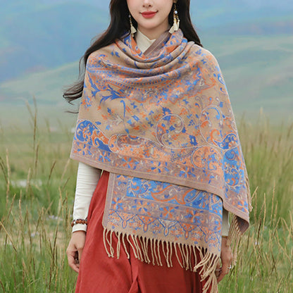 Buddhist Blessing Tibetan Cashew Flowers Vine Pattern Tassels Shawl Fall Winter Soft Scarf Wrap