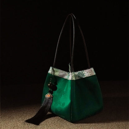 Buddhist Blessing Retro Flower Butterfly Bird Embroidery Bead Tassel Mulberry Silk Jacquard Xiangyunsha Silk Shoulder Bag Hangbags