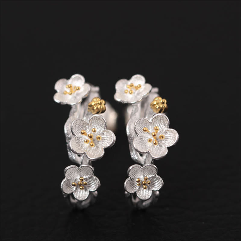 Buddhist Blessing 925 Sterling Silver Plum Blossom Floral Blessing Earrings