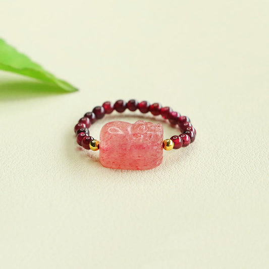 Buddhist Blessing Garnet Beads Strawberry Quartz Pixiu Protection Ring