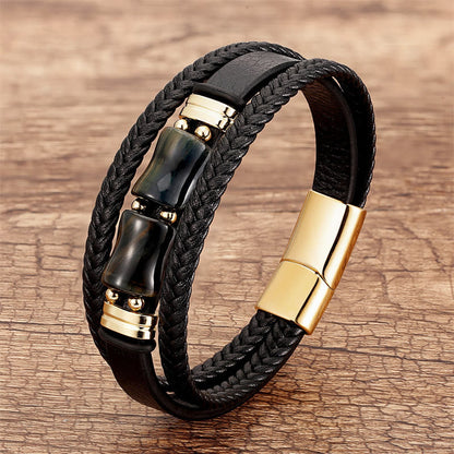 Buddhist Blessing Tiger Eye Bamboo Stone Integrity Courage Multi-layer Leather Bracelet