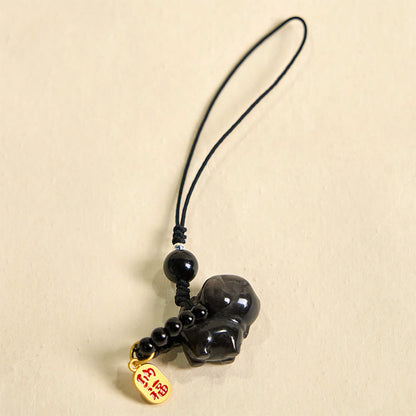 Buddhist Blessing  Stone Silver Sheen Obsidian Puppy Dog Fu Character Protection Necklace Phone Hanging Decoration
