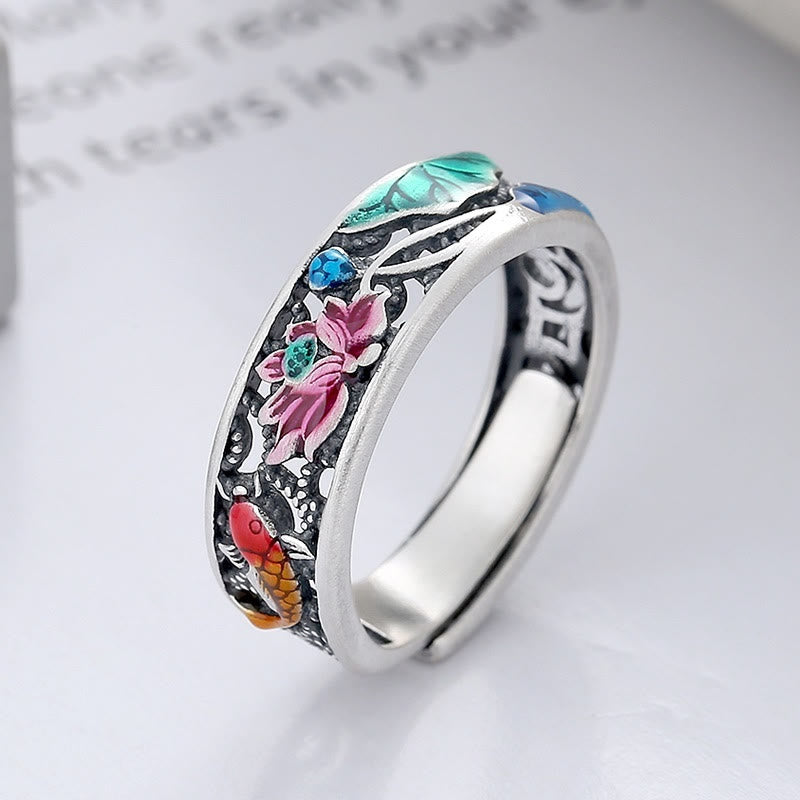 Buddhist Blessing 925 Sterling Silver Koi Fish Lotus Luck Everything Goes Well Ring