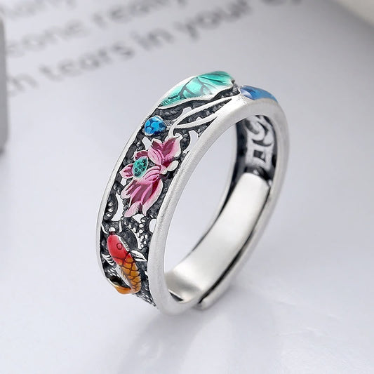 Buddhist Blessing 925 Sterling Silver Koi Fish Lotus Luck Everything Goes Well Ring