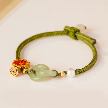 Buddhist Blessing Hetian Jade Lotus Peace Buckle Braided Rope Fortune Bracelet