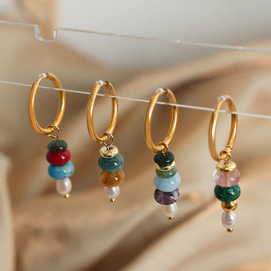 Buddhist Blessing Tibetan Marnyi Stone Design Natural Red Agate Pearl Confidence Titanium Steel Earrings