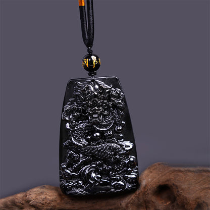 Buddhist Blessing Black Obsidian Dragon Carved Luck Protection Necklace Pendant