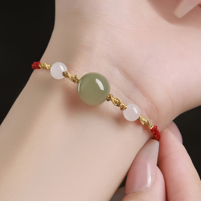 Buddhist Blessing Hetian Jade Black Onyx Red Agate Bead Luck Braided Bracelet