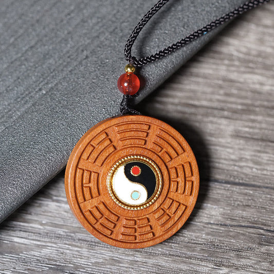 Buddhist Blessing Lightning Struck Jujube Wood Yin Yang Bagua Luck Necklace Pendant