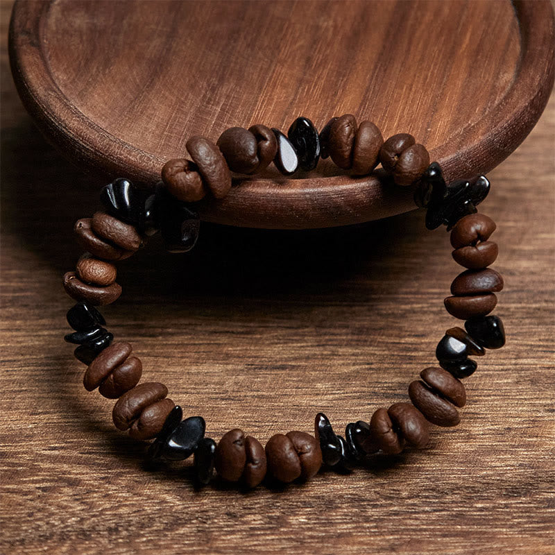 Buddhist Blessing Natural Coffee Beans Black Obsidian Rutilated Quartz Strength Bracelet
