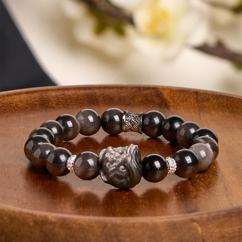 Buddhist Blessing Natural Silver Sheen Obsidian Lion Dance Protection Bracelet