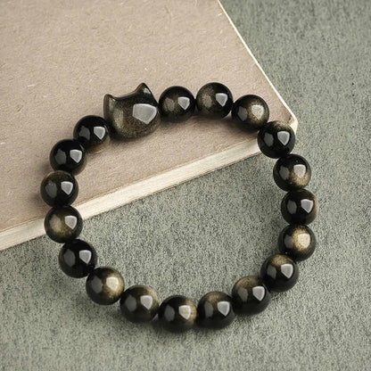 Buddhist Blessing Gold Sheen Obsidian Silver Sheen Obsidian Lovely Paw Lucky Cat Protection Bracelet