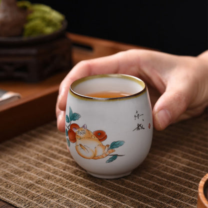 Buddhist Blessing Cute Lying Cat Branches Teacup Kung Fu Tea Cup With Gift Box