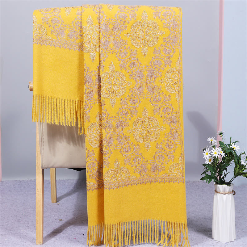 Buddhist Blessing Polyester Shawl Symmetry Gold Filigree Embroidery Tassel Winter Cozy Travel Scarf Wrap
