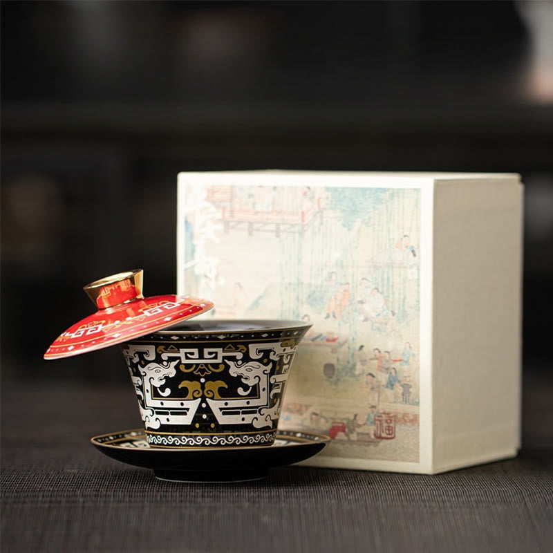 Buddhist Blessing Thangka Dragon Buddhas Dunhuang Ceramic Gaiwan Sancai Kung Fu Tea Cup And Saucer With Lid Gift Box 180ml