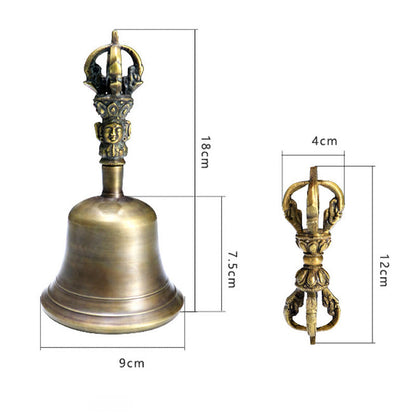 Buddhist Blessing 2Pcs Handmade Tibetan Meditation Bell and Vajra Dorje Copper Strength Decoration Set