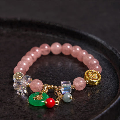 Buddhist Blessing Strawberry Quartz Jade Fu Character Charm Healing Bracelet