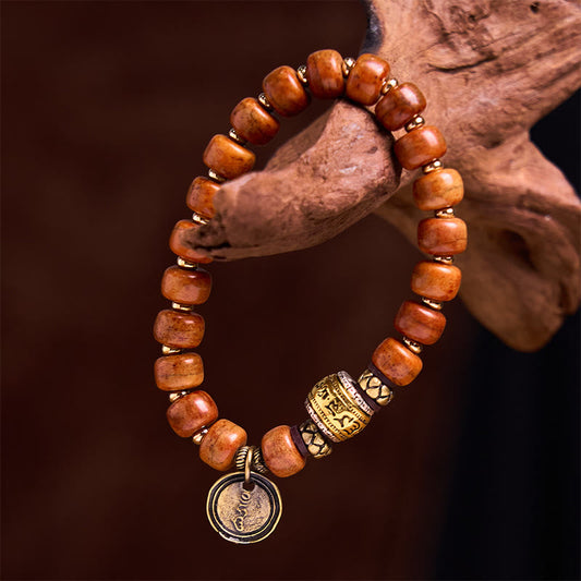 Buddhist Blessing Natural Tibetan Camel Bone Barrel Beads OM Sanskrit Luck Protection Bracelet