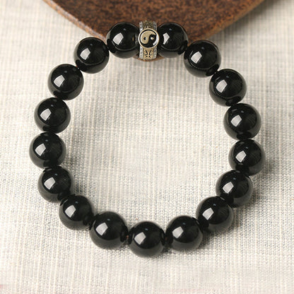 Buddhist Blessing Black Obsidian Yin Yang Nine-Character Mantra Fulfilment Bracelet