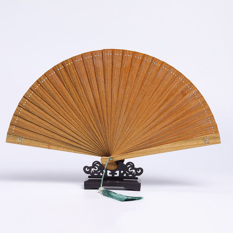 Buddhist Blessing Auspicious Clouds Crane Peacock Chang'e Moon Engraved Pattern Handheld Green Sandalwood Folding Fan