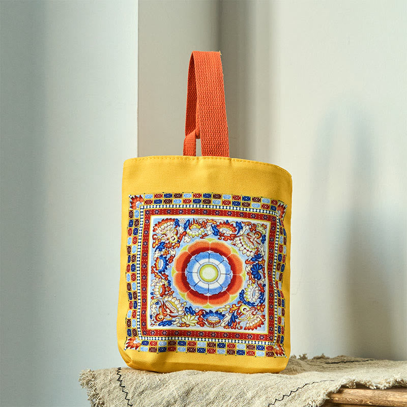 Buddhist Blessing Dunhuang Flying Apsaras Lotus Buddha Statues Canvas Handbag