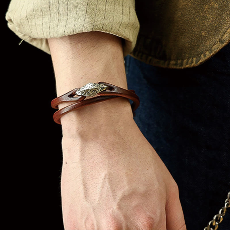 Buddhist Blessing 925 Sterling Silver Leather Multi-turn Protection Bracelet