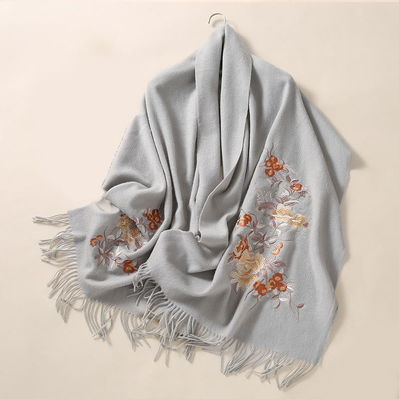 Buddhist Blessing Wool Shawl Red Flower Silver Leaves Embroidery Tassel Winter Cozy Travel Scarf Wrap