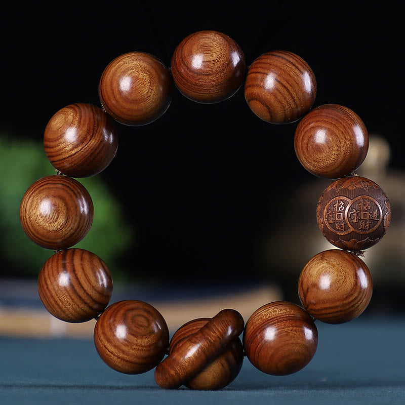 Buddhist Blessing Chinese Zodiac Rosewood Green Sandalwood Ebony Wood Copper Coin Carved Calm Bracelet
