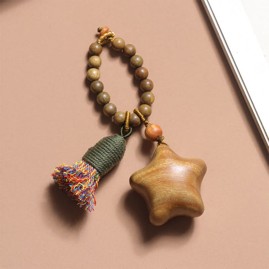 Buddhist Blessing Natural Green Sandalwood Colored Rope Tassels Star Moon Abundance Key Chain